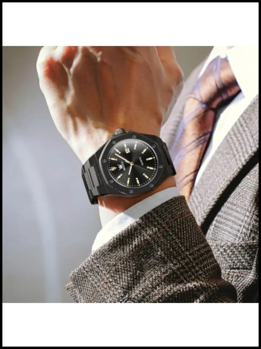 Mens Octagonal Quartz Dress Watch Stainless Steel Luminous Waterproof 42mm